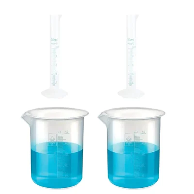 Bello Measuring Cylinders 2pcs x 10ml & Beakers  2pcs x 50ml with Blue Printed Graduation Marks, Polypropylene Material