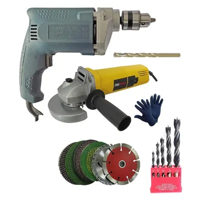 10mm 300 Watt Drill Machine & 100mm 850 Watt Angle Grinder With 6 Pcs Wheel, 5 Pcs Wood Drill Bits, 1 Pcs Masonry Bit & 1 Pair Gloves