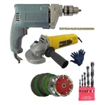 10mm 300 Watt Drill Machine & 100mm 850 Watt Angle Grinder With 6 Pcs Wheel, 5 Pcs Wood Drill Bits, 1 Pcs Masonry Bit & 1 Pair Gloves