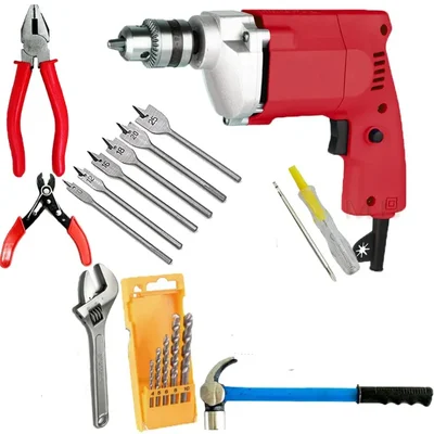Heavy Duty 10mm Drill Machine With Wood Drill Bits, Flat Bits, Tester, Plier, Wire Cutter, Hammer & Wrench For Wood Work Purposes