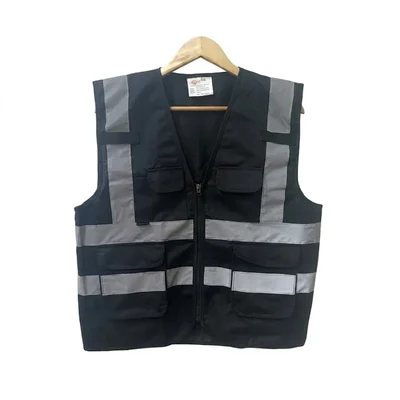Warnmat 120 GSM Black Multi-Pocket Safety Jacket with 2V2H Grey Reflective Tape and Cargo Pockets(Pack-1)