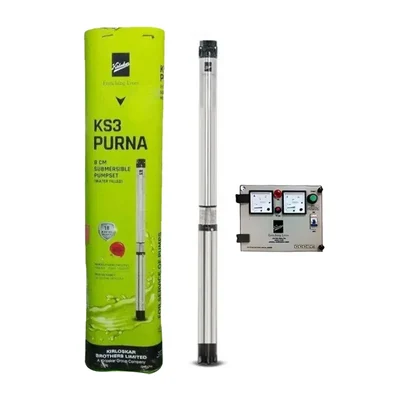 Kirloskar 1.25HP 12 Stage 8 Cm 1Ph Water Filled Submersible Pump With CP, 170ft Head -1 Year Warranty(KS3 PURNA 60-1312)