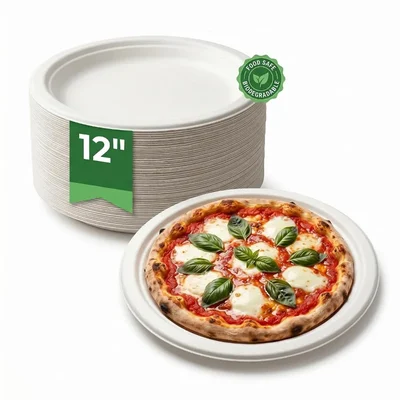 12 Inch Bagasse Round Plates| Biodegradable Microwave Safe | Disposable Party Dinnerware 600 Pcs