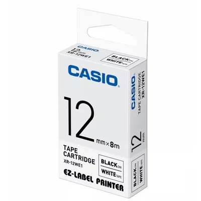 Casio 12mm Standard Black on White Laminated Fade-Resistant Thermal Label Maker Printer Tape Cartridge XR-12WE1