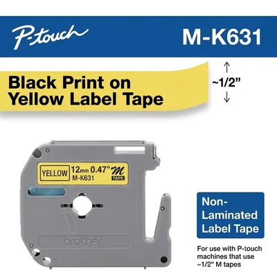 Brother M-K631 P-Touch Compatible 12mm Black on Yellow Standard Indoor Desktop Non-Laminated Label Maker Tape M-K631