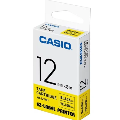 Casio 12mm Black on Yellow High-Visibility Industrial Safety Labeling Tape Cartridge XR-12YW1