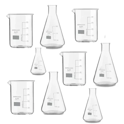 SBT Instruments Set of 9, Borosilicate 3.3 Glass Beaker and Conical Flask with Graduation Marks, 100ml Capacity