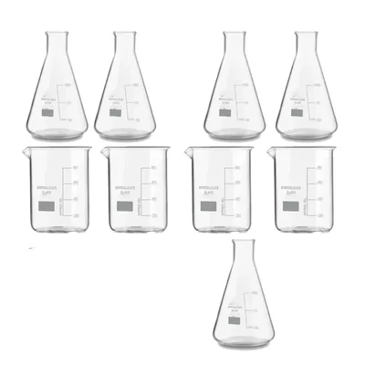 SBT Instruments Set of 9, Borosilicate 3.3 Glass Beaker and Conical Flask with Graduation Marks, 250ml Capacity