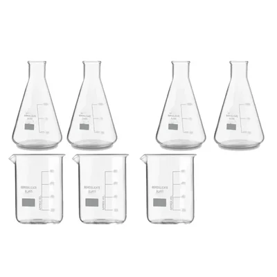 SBT Instruments Set of 7, Borosilicate 3.3 Glass Beaker and Conical Flask with Graduation Marks, 500ml Capacity