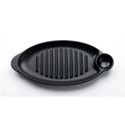 Premium 13.4" Black Melamine Oval Grill Platter - Pack of 2 For BBQ & Serving