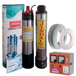 Jindal 1.5HP 12 Stage (V4) 1Ph Oil Cooled Submersible Pump With CP, 30m Cable & 30m Safety Wire - 1 Year Warranty