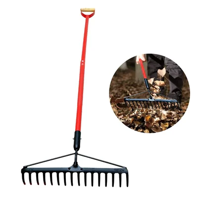 Heavy Duty 15 inch, 16 Tines Metal Leaf Rake for Small Garden with Adjustable Handle