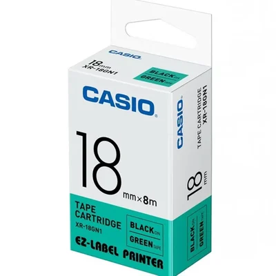 Casio 18mm Black on Green Durable Weatherproof Industrial Labeling Tape Cartridge XR-18GN1
