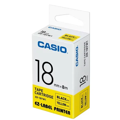 Casio 18mm Black on Yellow High-Visibility Industrial Safety Labeling Tape Cartridge XR-18YW1