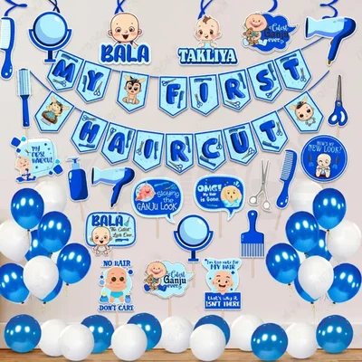 Pack of 3, 9, 18 First Haircut Blue Mundan Decor Kit Paper Banner With Metallic Balloons & Photo Props, 48Pcs in a Pack(Pack-3 pcs)