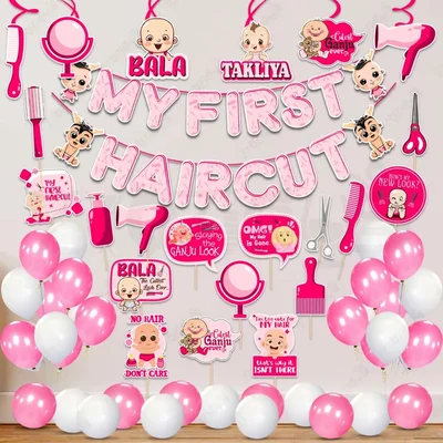 Pack Of 3 |48 Pcs First Hair Cut Pink White Mundan Decor Kit Banner Balloons Props Swirls