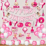 Pack Of 3 |48 Pcs First Hair Cut Pink White Mundan Decor Kit Banner Balloons Props Swirls