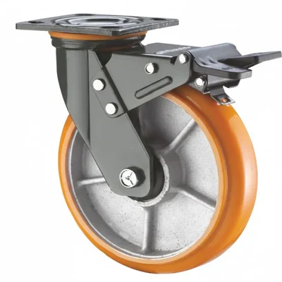 Heavy Duty 505 kg Load Capacity 8 inch (200 mm) Swivel with Brake Type Double Ball Bearing PU Caster Wheel
