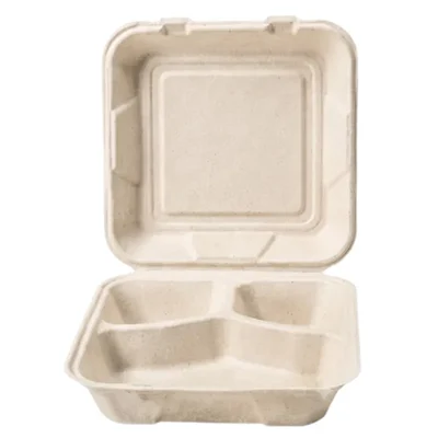 200 Pcs 8x8 3CP Brown Bagasse Clamshell Box | 3 Compartment Meal Prep Box | Microwave Safe