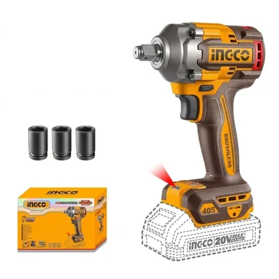 INGCO 20V Max Brushless 1/2-Inch Cordless Impact Wrench with 450Nm Fastening Torque & 3-Speed Control