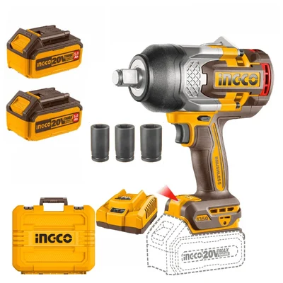 Ingco 3/4" 20V Cordless Impact Wrench With Max. Torque 1350 Nm, Battery-Charger & Socket Set, 1800 RPM (CIWLI20135)