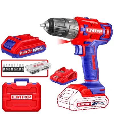 Emtop 10mm 20V Cordless Impact Drill Machine With Battery, Charger & Accessories, 0-400/0-1500 RPM (ECDL200528)