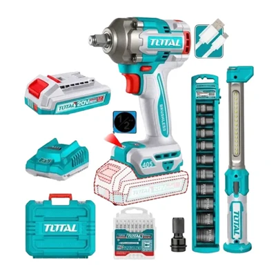 Total 20V 405Nm 2400 RPM 1/2 Inch Brushless Impact Wrench & 300Lm Work Lamp Cordless Combo Kit TOSLI23056