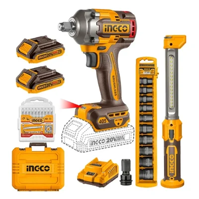 INGCO 20V 405Nm 2400 RPM 1/2 Inch Brushless Impact Wrench & Work Lamp Cordless 2 Pcs Combo Kit
