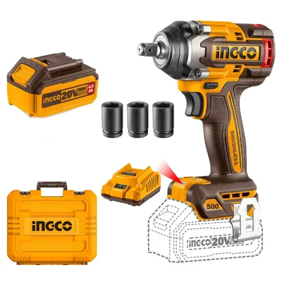 Ingco 12.7mm (1/2") 20V Lithium-Ion Cordless Impact Wrench With Battery, Charger & Accessories, 500 N.m Torque (CIWLI2050)
