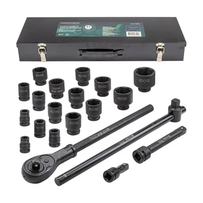 ROCKFORCE 21 Piece 3/4 Inch Drive Air Impact Socket Set with Ratchet Extensions and Metal Carry Case (RF-6213-5MPB)