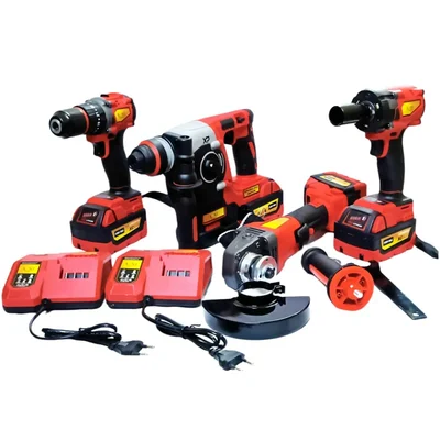 Premium Quality 21V Li-Ion Cordless Rotary Hammer, Angle Grinder, Impact Wrench & Drill Combo Kit With Accessories