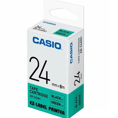 Casio 24mm Black on Green Durable Waterproof Industrial Labeling Tape Cartridge XR-24GN1