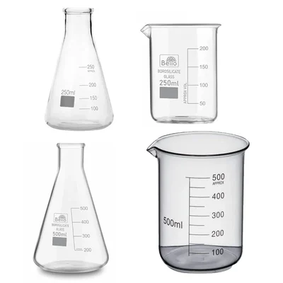 Bello (2pcs x 250ml), (2pcs x 500ml) Beakers and Conical Flasks with Graduation Marks, 3.3 Borosilicate Glass Material