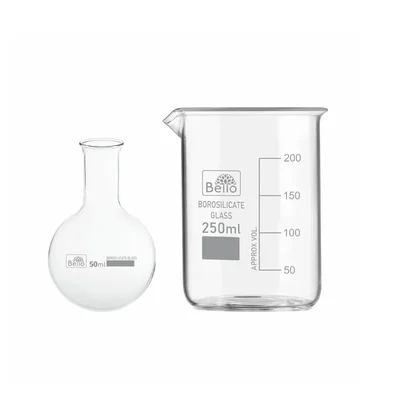 Bello Set of 2, Measuring Beaker 250ml & Round Bottom Boiling Flask 50ml, Borosilicate 3.3 Glass for Laboratory