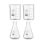Bello Set of 4 Borosilicate 3.3 Glass Beaker and Conical Flask of 250 ml with Graduation Marks