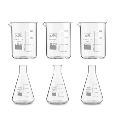 Bello Set of 6 Borosilicate 3.3 Glass Beaker and Conical Flask of 250 ml with Graduation Marks