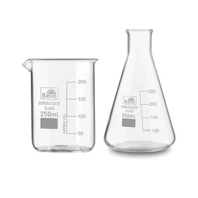 Bello Set of 2 Borosilicate 3.3 Glass Beaker and Conical Flask of 250 ml with Graduation Marks