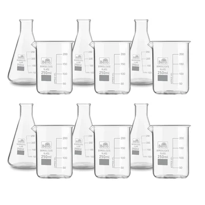 Bello Set of 12 Borosilicate 3.3 Glass Beaker and Conical Flask of 250 ml with Graduation Marks