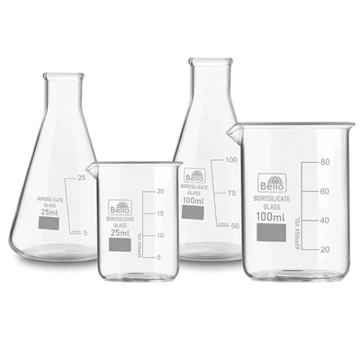 Bello (2pcs x 25ml), (2pcs x 100ml) Beakers and Conical Flasks with Graduation Marks, 3.3 Borosilicate Glass Material