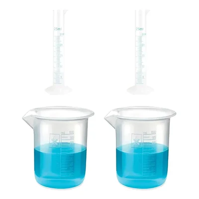 Bello Measuring Cylinders 2pcs x 25ml & Beakers 2pcs x 100ml with Blue Printed Graduation Marks, Polypropylene Material