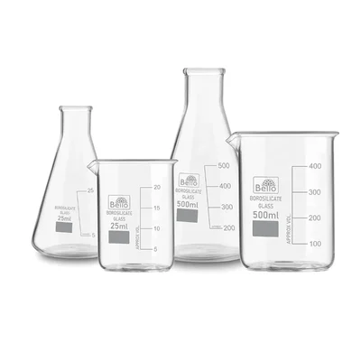 Bello (2pcs x 500ml), (2pcs x 25ml) Beakers and Conical Flasks with Graduation Marks, 3.3 Borosilicate Glass Material
