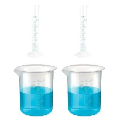Bello Measuring Cylinders 2pcs x 25ml & Beakers 2pcs x 500ml with Blue Printed Graduation Marks, Polypropylene Material