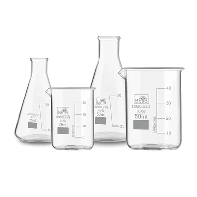 Bello (2pcs x 50ml), (2pcs x 25ml) Beakers and Conical Flasks with Graduation Marks, 3.3 Borosilicate Glass Material