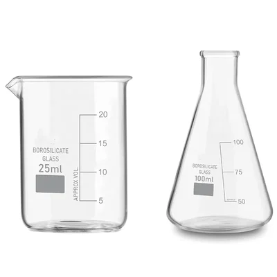 VVS 25ml 100ml Set of 2 Borosilicate 3.3 Glass Laboratory Beaker Conical Flask Flat Bottom Clear Scale