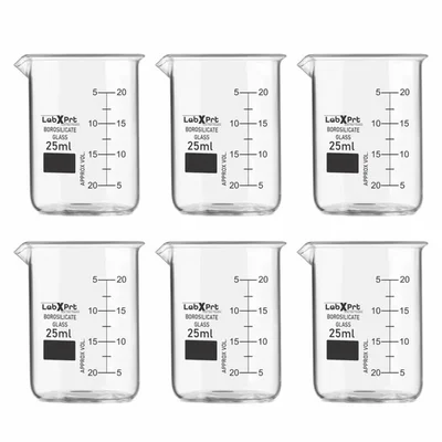 LABXPRT 25 Milliliter Borosilicate 3.3 Glass Beaker Pack of 6 for Chemistry Lab Mixing Graduated GG-17 High Temp Resistant