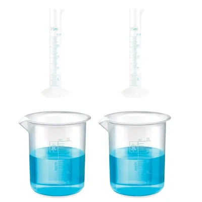 Bello Measuring Cylinders 2pcs x 25ml & Beakers 2pcs x 25ml with Blue Printed Graduation Marks, Polypropylene Material