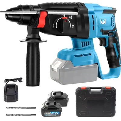 Heavy Duty 26mm 21V Cordless Brushless 3-Mode Function Rotary Hammer With Battery & Charger, 0-1200 RPM