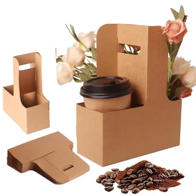 2-Cup Drink Carrier with Handle, Disposable Kraft Paperboard, Foldable Beverage Tray for Hot/Cold Drinks(Pack-50 pcs)