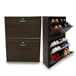 Welbuilt 2 Door 4 Shelf Double Decker Metal Shoe Rack for Home, 34 x 26 x 9.5 inches, Shoe Cabinet for Home with Lock