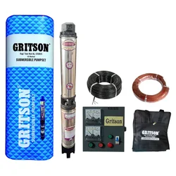Gritson 2 HP 12 Stage(4 inch)V-4 1Phase Water Cooled Submersible Pump With CP & Accessories - 1 Year Warranty